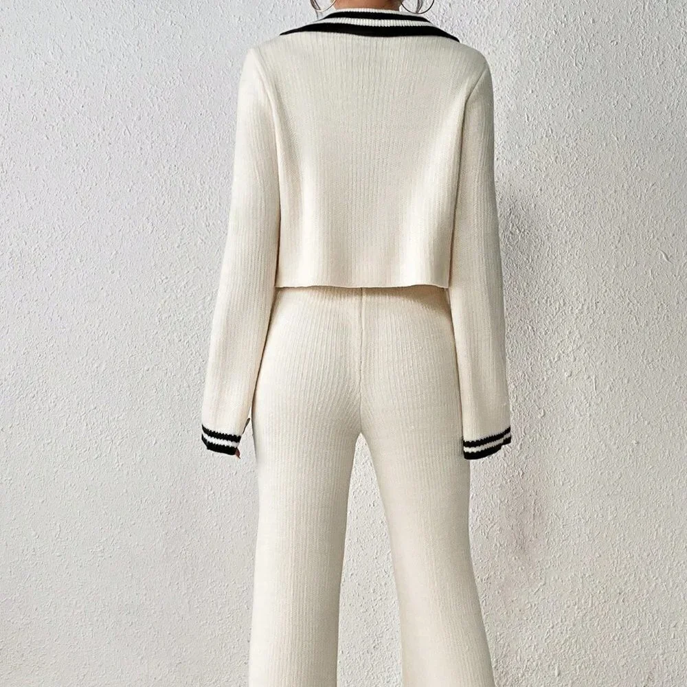 Apricot Preppy Womens Striped Trim Sailor Collar Sweater & Knit Pants - Picture 2 of 5